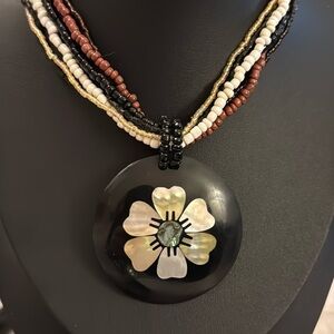 Boho Inlaid Abalone Flower Pendant Glass on Multi Strand Hand Beaded Necklace